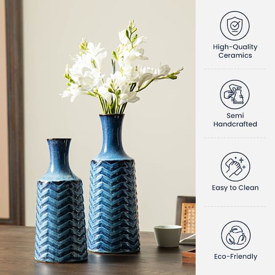 Glitzhome® Brilliant Blue Chevron Ceramic Modern Vase Set